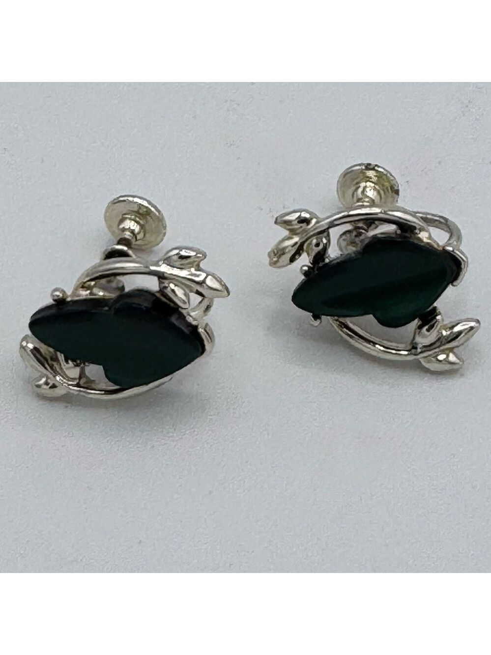 Vintage Thermoset  Glowing Screw-Back Earrings Green Marquise Leaf Design 1960s